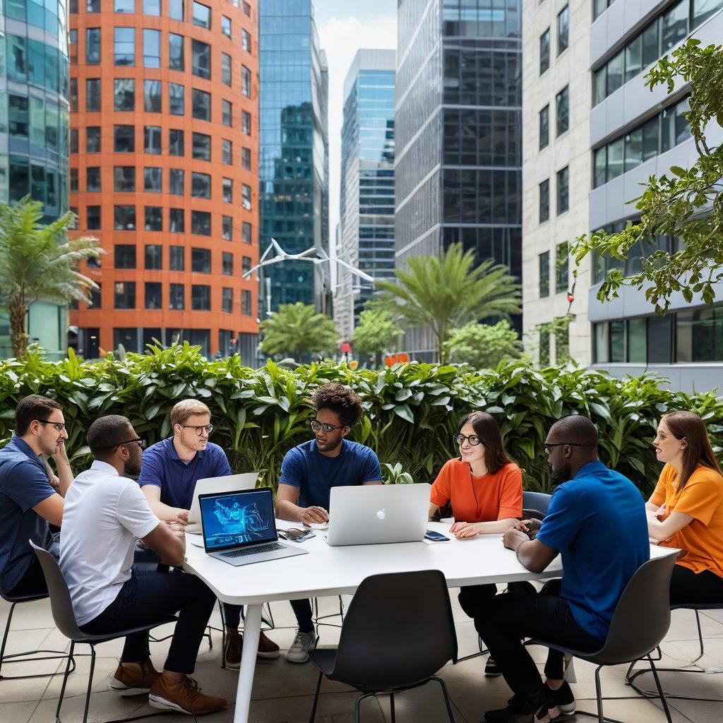 A diverse group of people gathered around laptops, engaging in a lively discussion about open source software, with vibrant tech icons and code snippets floating around them. Emphasize an inclusive atmosphere, showcasing individuals from various backgrounds sharing ideas and collaborating. Use bright colors to represent innovation and a sense of community, all set against a modern urban backdrop. super-realistic. vibrant colors. digital art.