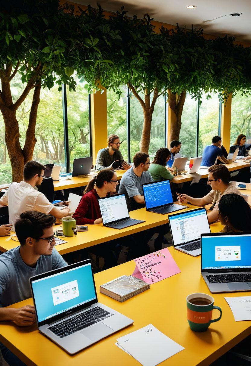 A vibrant scene depicting diverse individuals collaboratively working on laptops adorned with Linux and open-source logos, surrounded by colorful code snippets floating in the air. Incorporate elements of nature like trees and greenery in the background to symbolize growth and nurturing. Personal touches like coffee mugs and sticky notes can add a cozy vibe. The overall atmosphere should reflect enthusiasm and community spirit. super-realistic. vibrant colors. 3D.