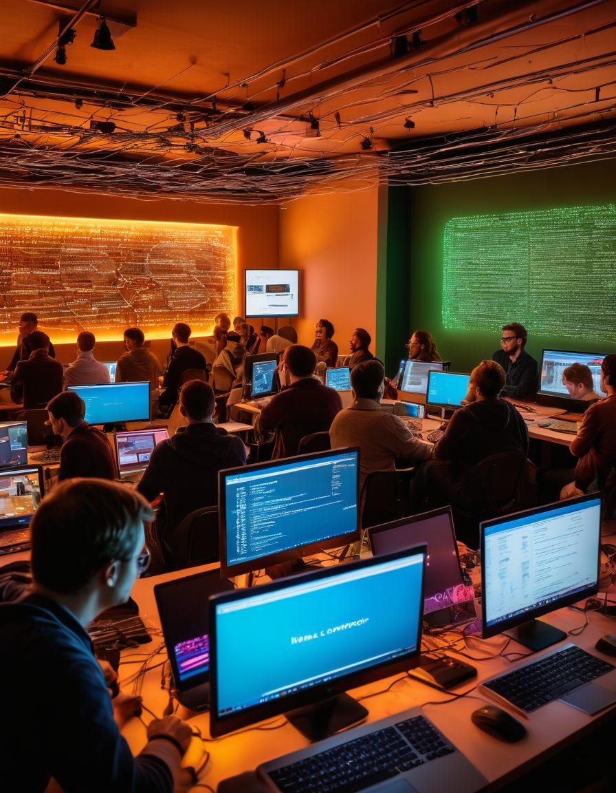 A vibrant gathering of diverse individuals passionately discussing Linux and open source technology, surrounded by colorful tech gadgets and laptops glowing with code. The scene is set in a dynamic, collaborative workspace with posters of famous open source projects on the walls. Warm lighting enhances the feeling of community and innovation. super-realistic. vibrant colors. dynamic composition.